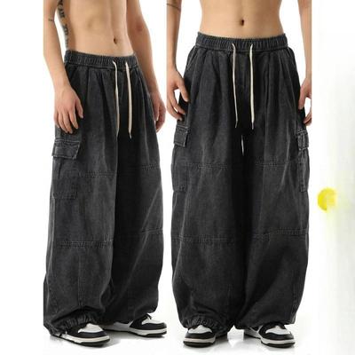 Schwarze Baggy Cargo Jeans Hose Herren Lässig Weites Bein Jogginghose Übergröße Vintage Gerade Locker Arbeitsjeans Hose Weich