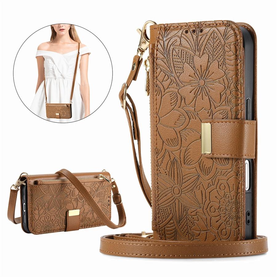 3-in-1 Crossbody Handyhülle aus PU-Leder mit floraler Prägung für OPPO/VIVO/Redmi 6 Kartenfächer + Reißverschluss-Münzfach + Ständer & Abnehmbarer langer Schultergurt
