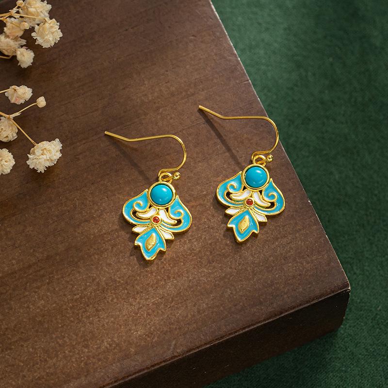 JMXD-Artificial Turquoise Enamel Earrings Jewelry Gold-plated Ethnic Style Retro Literary Texture  Female Chinese Style