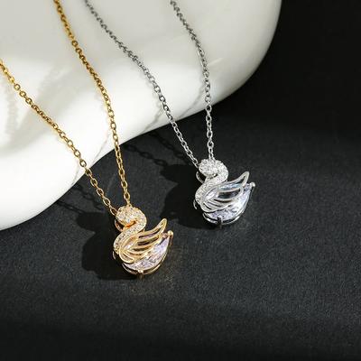 Luxury Trendy Crystal Swan Wings Pendant Necklace for Women Cute Gold Color Stainless Steel Bride Collar Jewelry Gift Colorfast