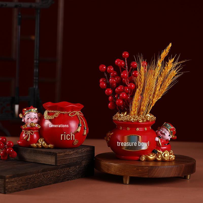 Fortune Piggy Bank: God of Wealth Pen Holder & Flower Arrangement - Lucky Bag Decor, Office Storage, New Year Gift