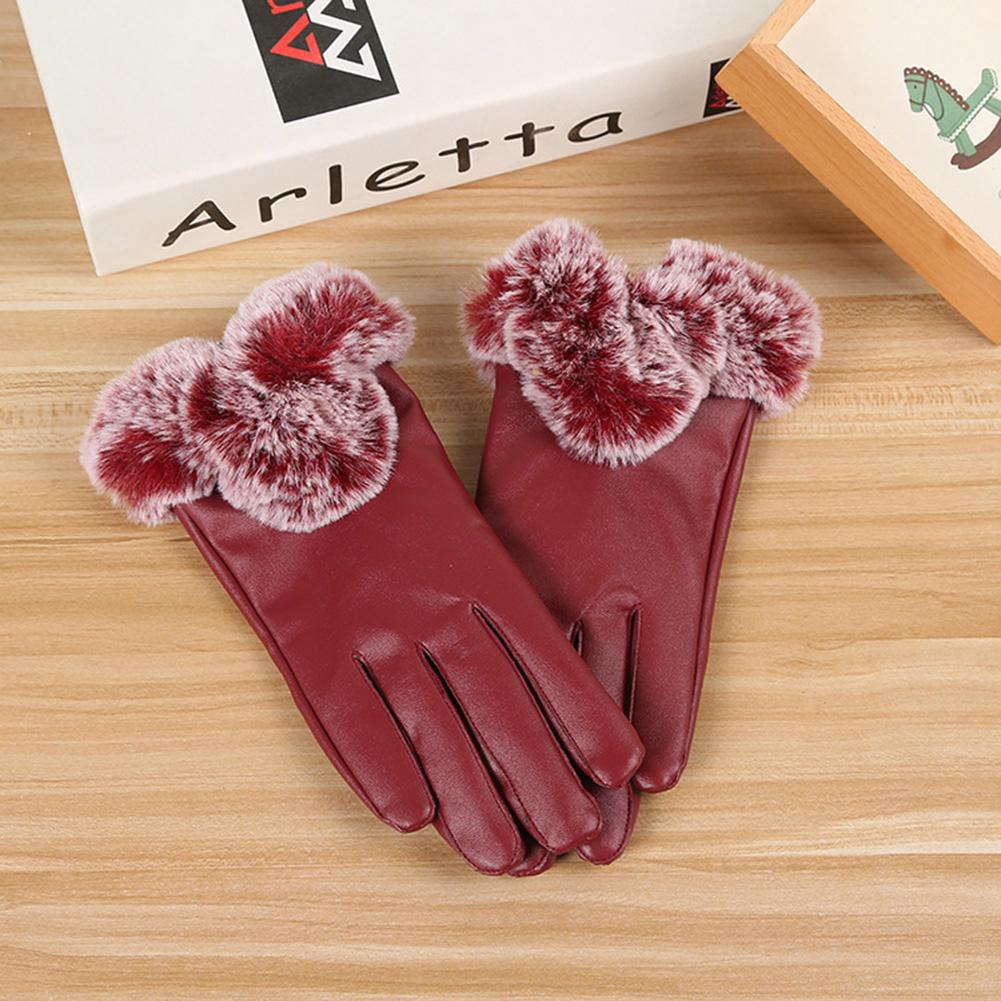 Women Winter Gloves Faux Rabbit Fur PU Leather Touch Screen Mittens Lady Female Outdoor Driving Warm Gloves