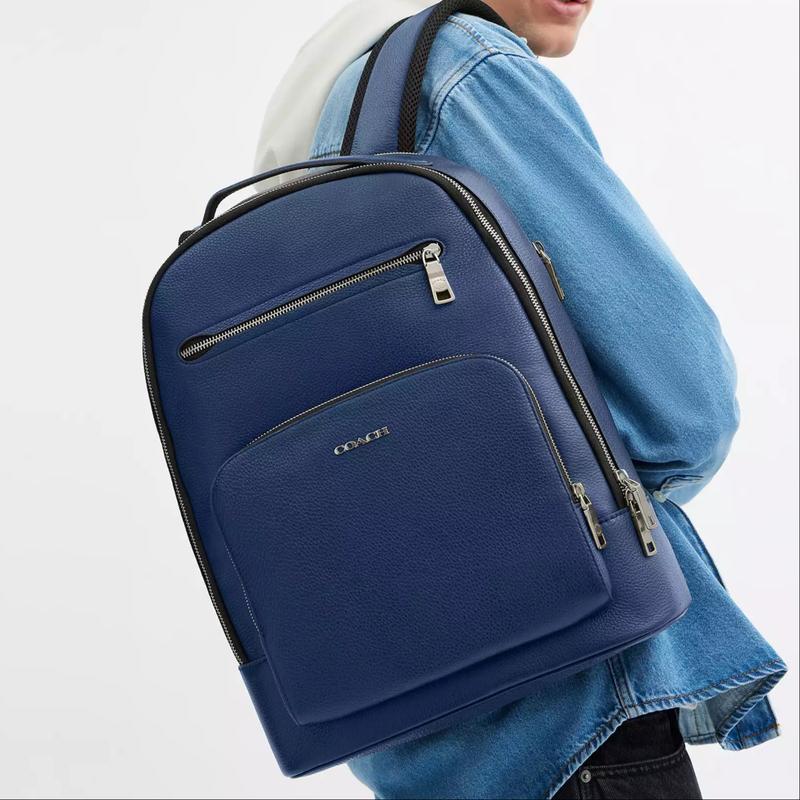 COACH ETHAN 32 Letter Logo Silver Hardware Pebbled Leather Backpack Large Men's Dark Blue