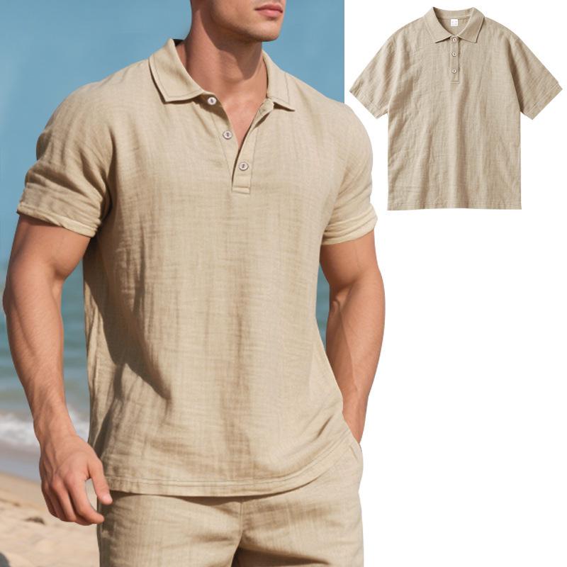 Men's Summer Lapel Button-Up Breathable Linen Polo Shirt & Casual Short Set