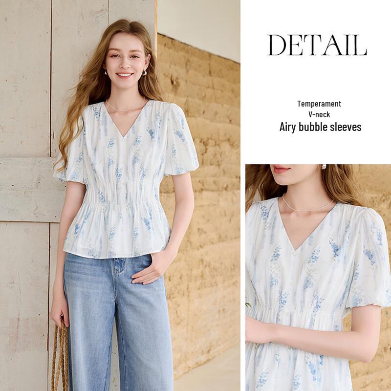 Women's French Style V-neck Printed Puff Sleeve Blouse