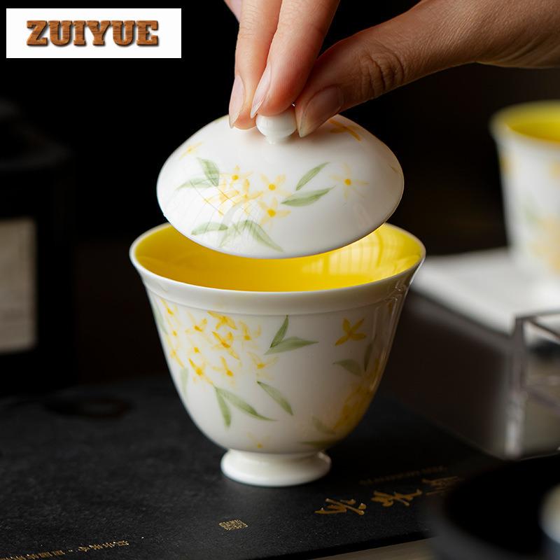 100ml White Porcelain Pure Hand Painted Osmanthus Lid Bowl Creative Handmade Ceramic Tea Bowl  Kung Fu Tea Set Tea Art Supplies