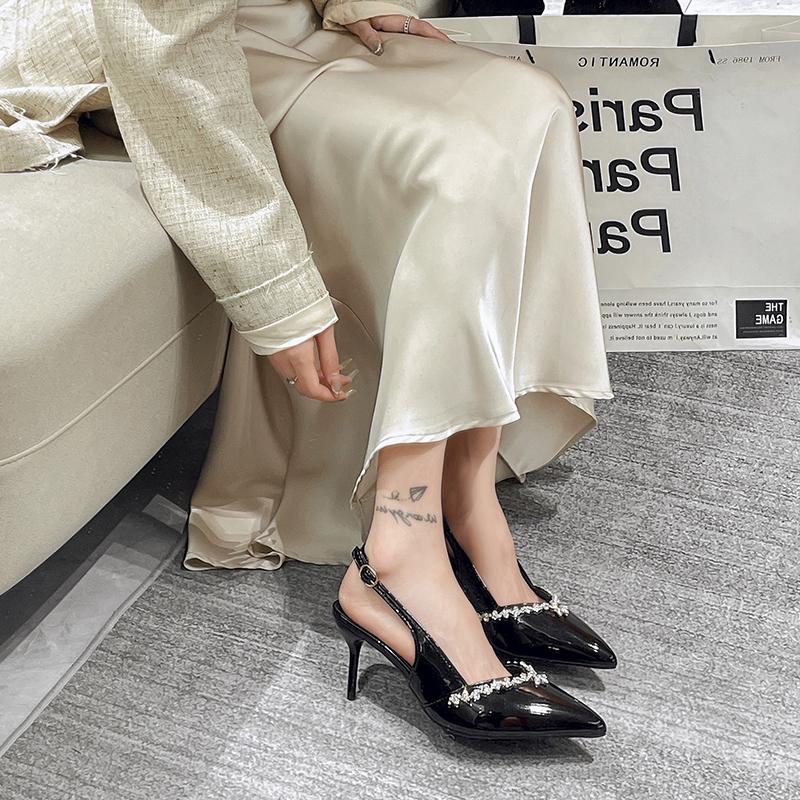 Fashion Buckle Strap Sandals Stiletto Heels Spring Shoes Suit Female Beige 2025 Summer High Fashion Girls Comfort Closed Black Rhineston