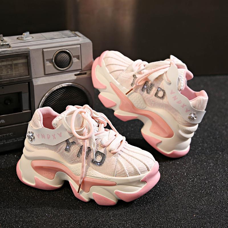 Fashion 8CM Microfiber Leather Bling Sneakers New 2025 Autumn Thick Soled Sports Dad Shoes Diamond Breathable Casual Chunky Shoes