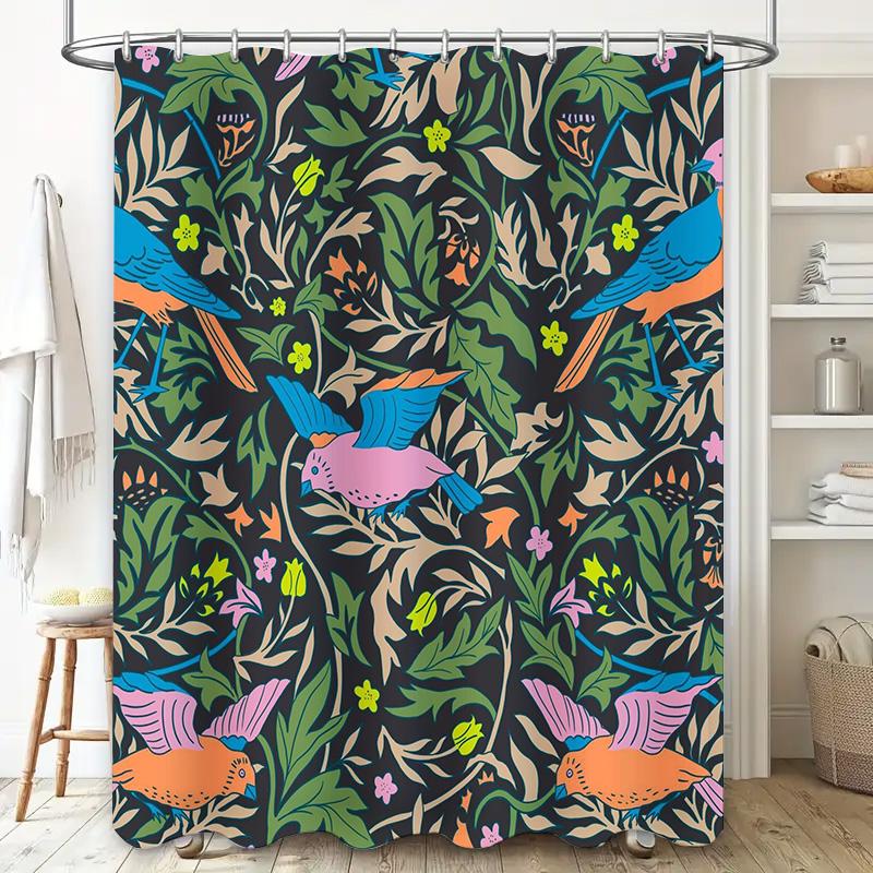 Modern Printed Shower Curtain Set Birds Floral Greenery Design 180 x 240 cm for Bathroom Decorations Pink Blue Orange Color Sche