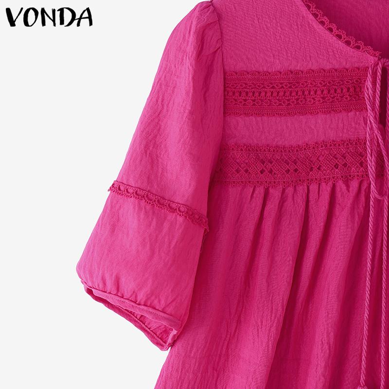 VONDA Women Summer Bow Kont Round Neck Lace Crochet Patchwork Casual Ruffled Blouse
