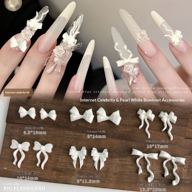 30Pcs Pearlescent White Mini Resin Ribbon Bow Nail Art Decoration Bow Nail Charms Supplies For Manicure Diy