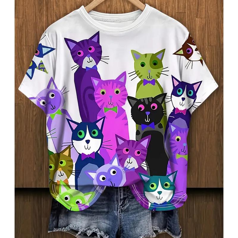 

Женская летняя футболка Ретро мода Футболки с коротким рукавом Повседневные топы с принтом котенка 8XL фиолетовый