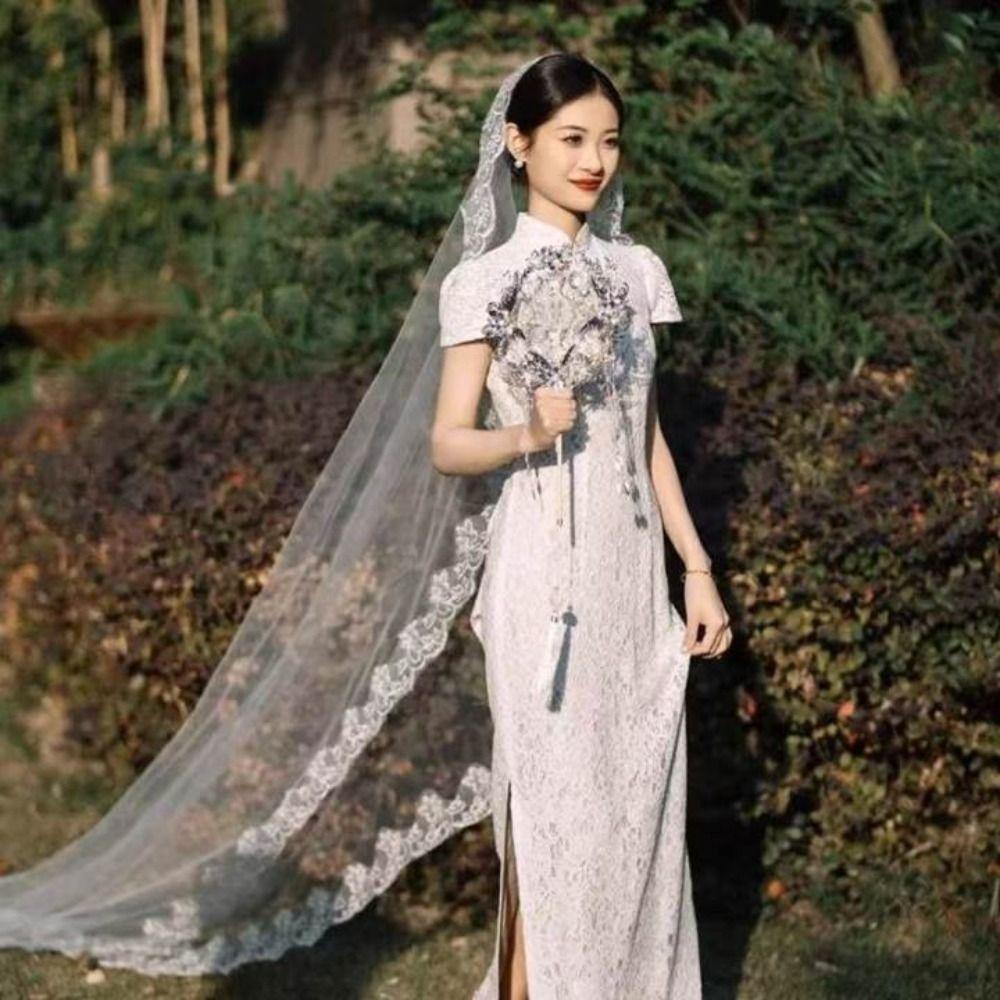 

Lace Flower Bridal Veil Long Bride Head Gauze New Wedding Veils Bride Accessories 1-1.5m