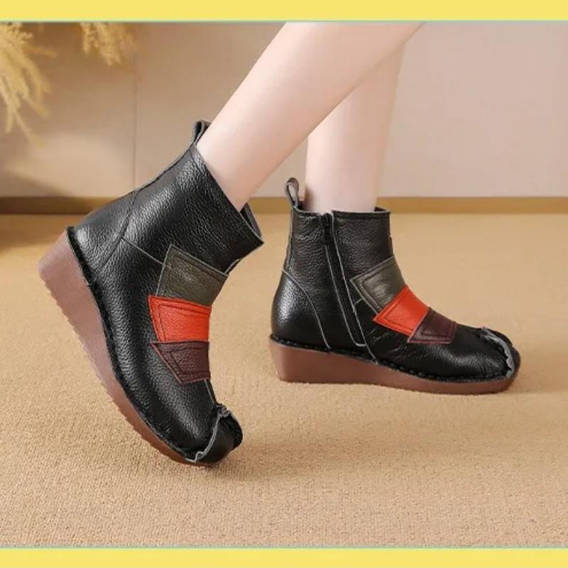 Johnature Ethnic Style Mixed Colors Genuine Leather Wedges Short Boots Warm Comfortable Women's Cotton Shoes