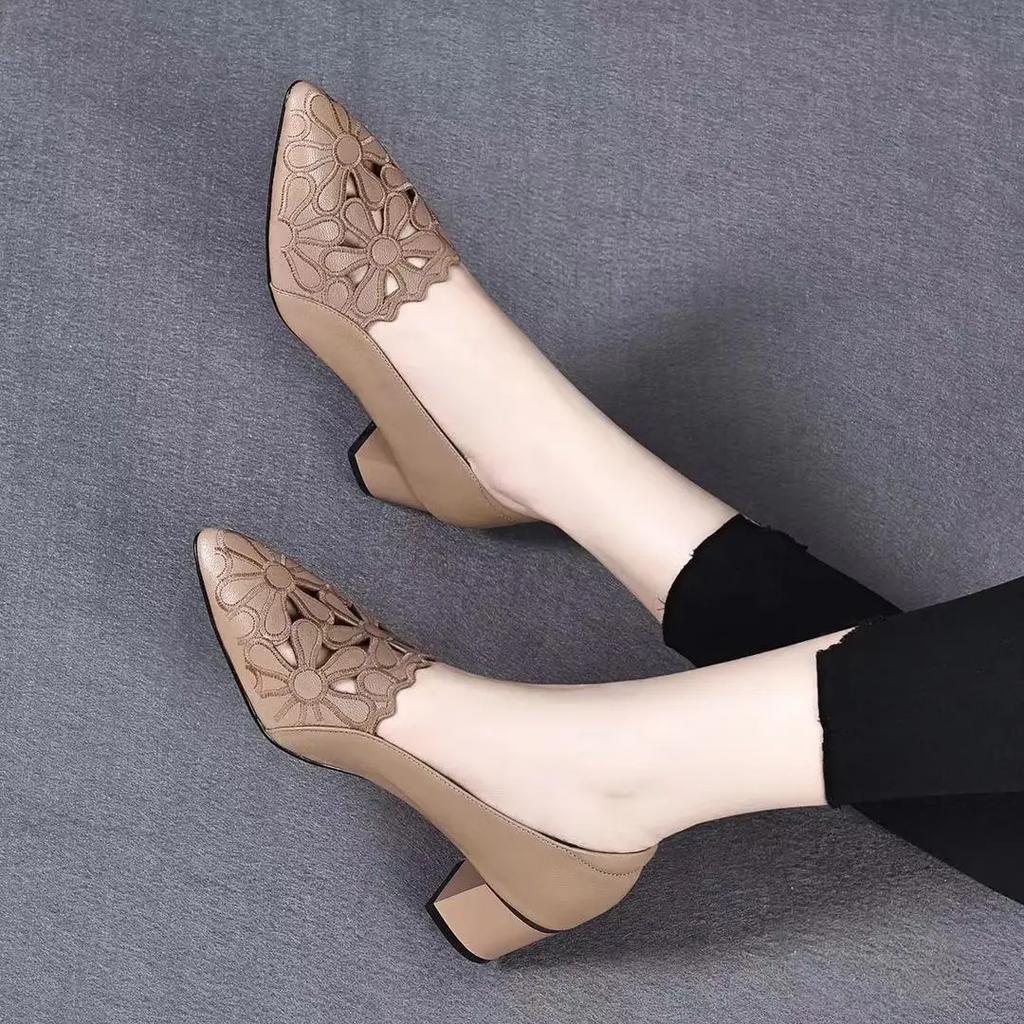 Mid Heel Shoes Women Heels Wedding PU Leather Hollow Out Black Square Heel Formal Shoes Office Lady Spring Fall Zapatos Flats