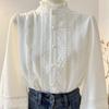 Women's White Lace Patchwork Stand-Up Collar Lantern Sleeve Blouse - Stylish Autumn 2025 Inner Wear