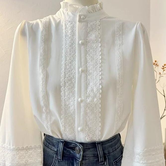 Women's White Lace Patchwork Stand-Up Collar Lantern Sleeve Blouse - Stylish Autumn 2025 Inner Wear