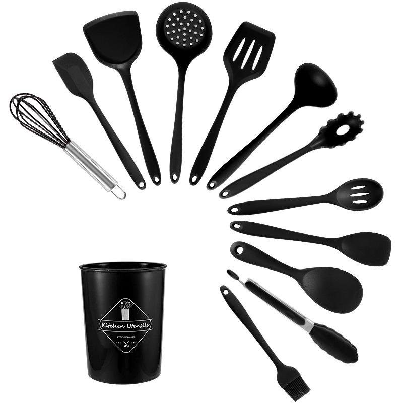Silicone Kitchenware 13-Piece Set: Non-Stick Spatula, Drain Shovel, Spoon - Red and Black
