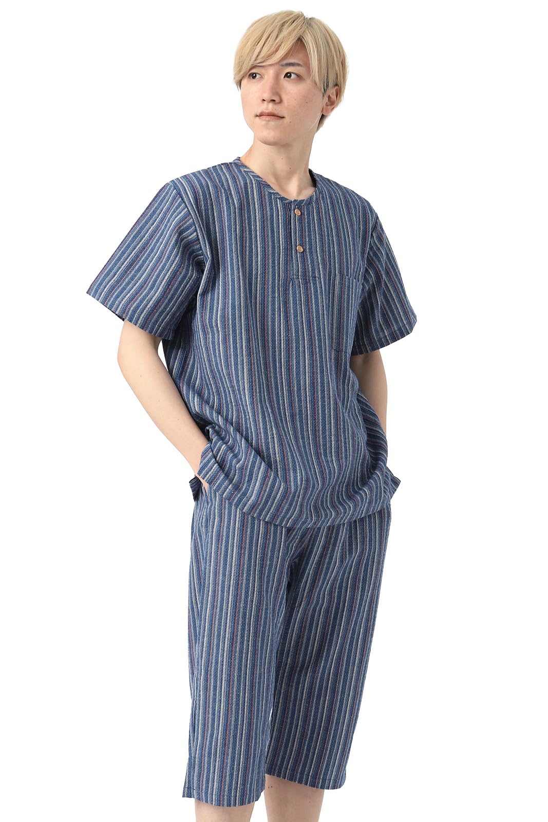 

ROCCA Shijira Weave Jinbei Made in Japan Plus Size Kurume Buttons Rokka Pattern Katataki Stripes Blue Men s (Henry Neck) - - - - (LL) - -