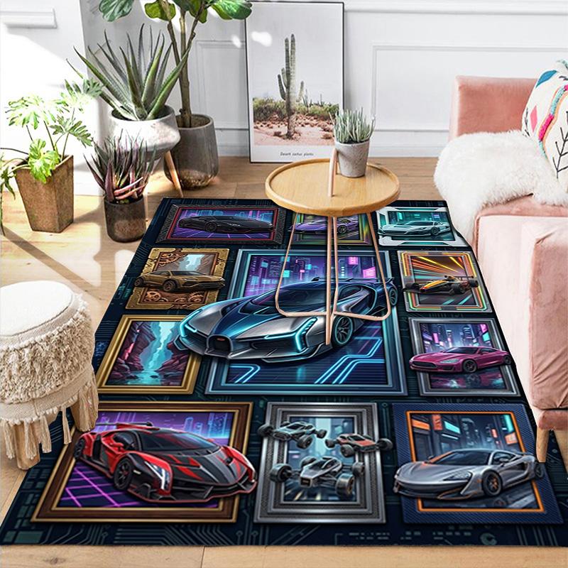 Futuristic Car Gallery Pattern Rug Floor Mat for Living Room or Bedroom Soft and Comfortable Carpet a Gift for Birthday and Holiday.