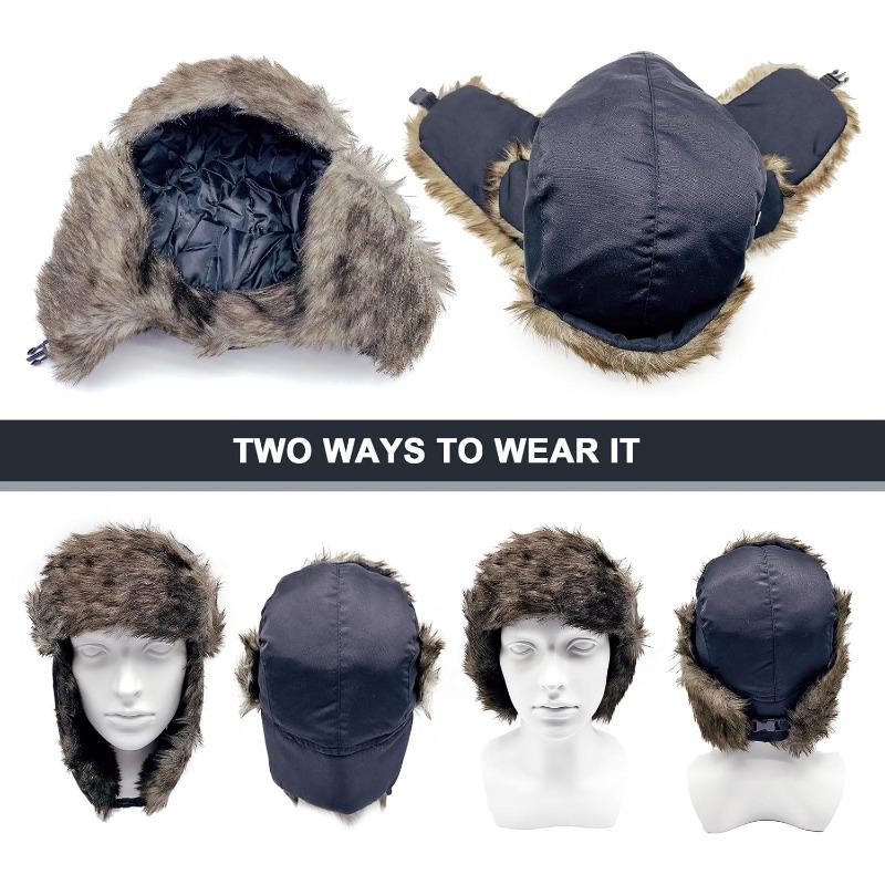 Pilot Patrolman Winter Hat Mens Warm Soldier Hat Earmuffs Polyester Fiber Russian Ushanka Windproof Cold Weather Hat