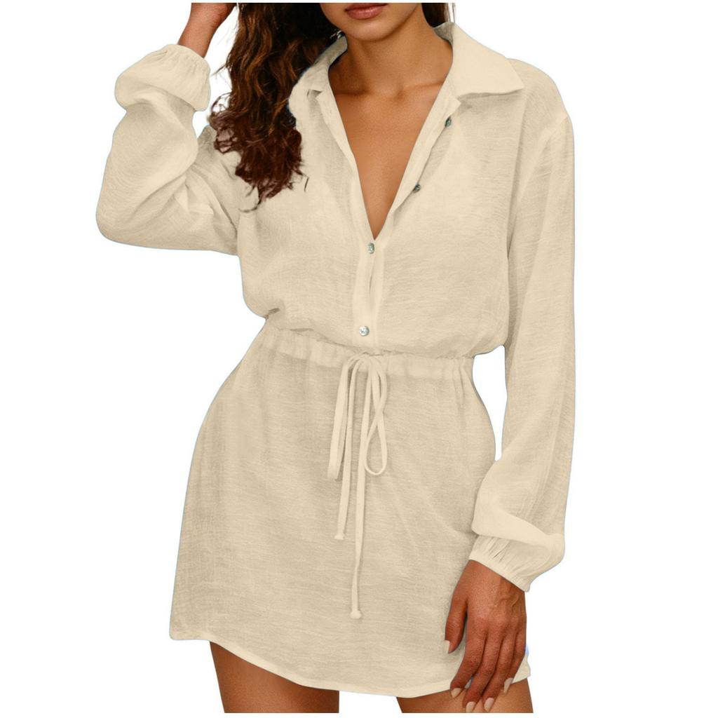 Women's Fashionable Oversized Tunic Long-Sleeve Waist-Defining Shirt Casual Dress