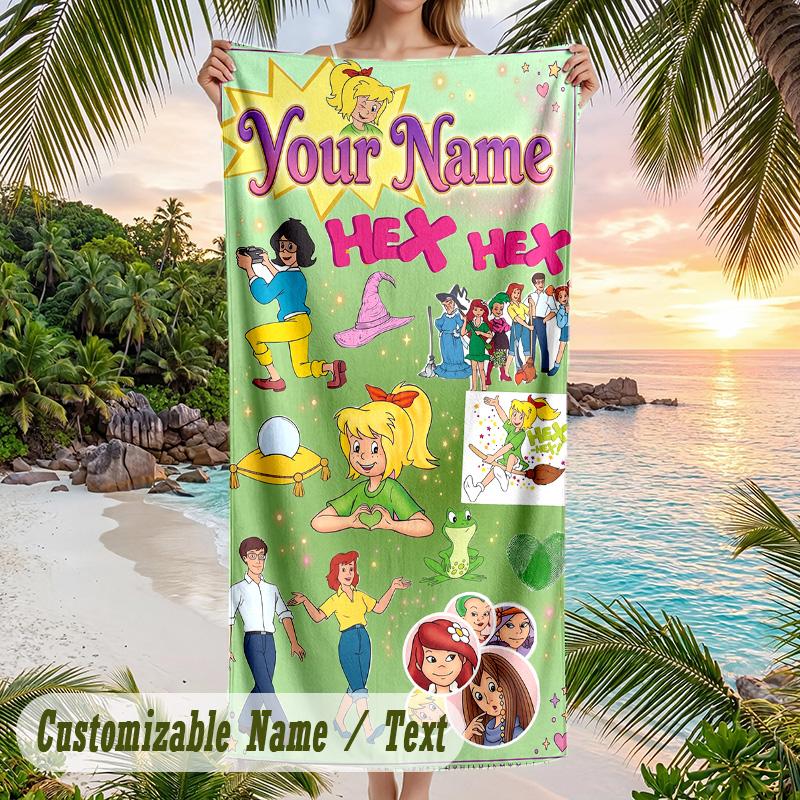 Bibi Blocksberg Beach Towel, Personalized Custom Text, Quick Dry Soft Large Towel For Swimming Pool Travel