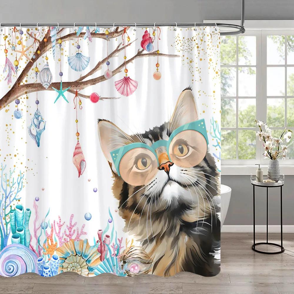 Funny Cat Children'S Shower Curtain Colourful Cartoon Patterns Children'S Room Curtains Bathroom Decor Accessories With Hooks