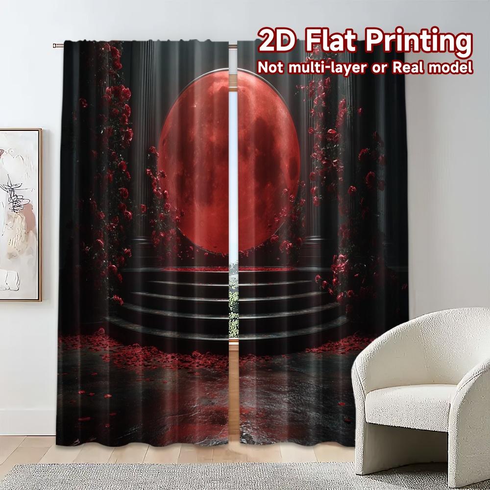 2pcs, 2D FLAT PRINTING Curtains (Without Rod) Red Moon Ceremony Chic Contemporary Curtains Fabric Curtains Outdoor Decorations