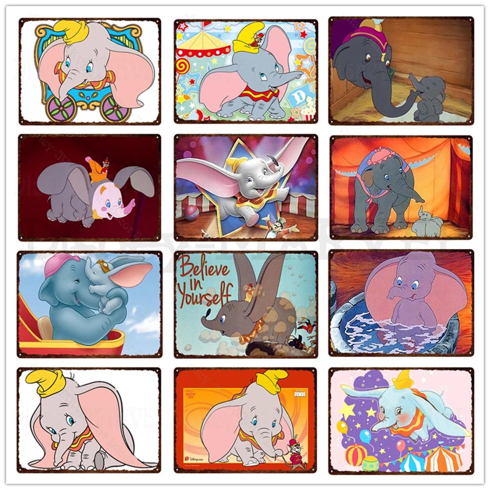 Tin Sign Dumbo Metal Poster Cartoon Cute Flying Elephant Tin Signs Metal Paintings Wall Art Stickers Home Decoration