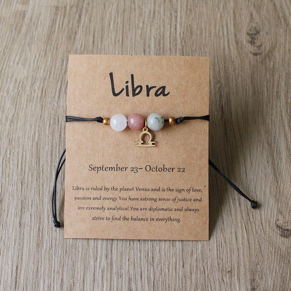 Bracelet Charms 12 Signes du Zodiaque en Pierre Naturelle pour Femmes Hommes Bracelet Tressé en Carton Lion Vierge Balance Cadeau Réglable
