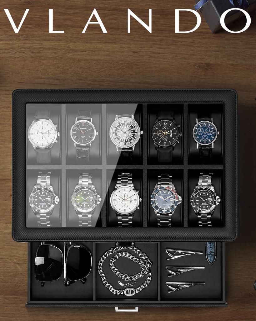 Vlando PU Hodinky Pojme 10 Úložný Doplněk Displej Narozeninový Dárkový Pouzdro, Hodinky, Dvoupatrový Design, Pánská Krabička, Pouzdro, Pouzdro, Organizér,