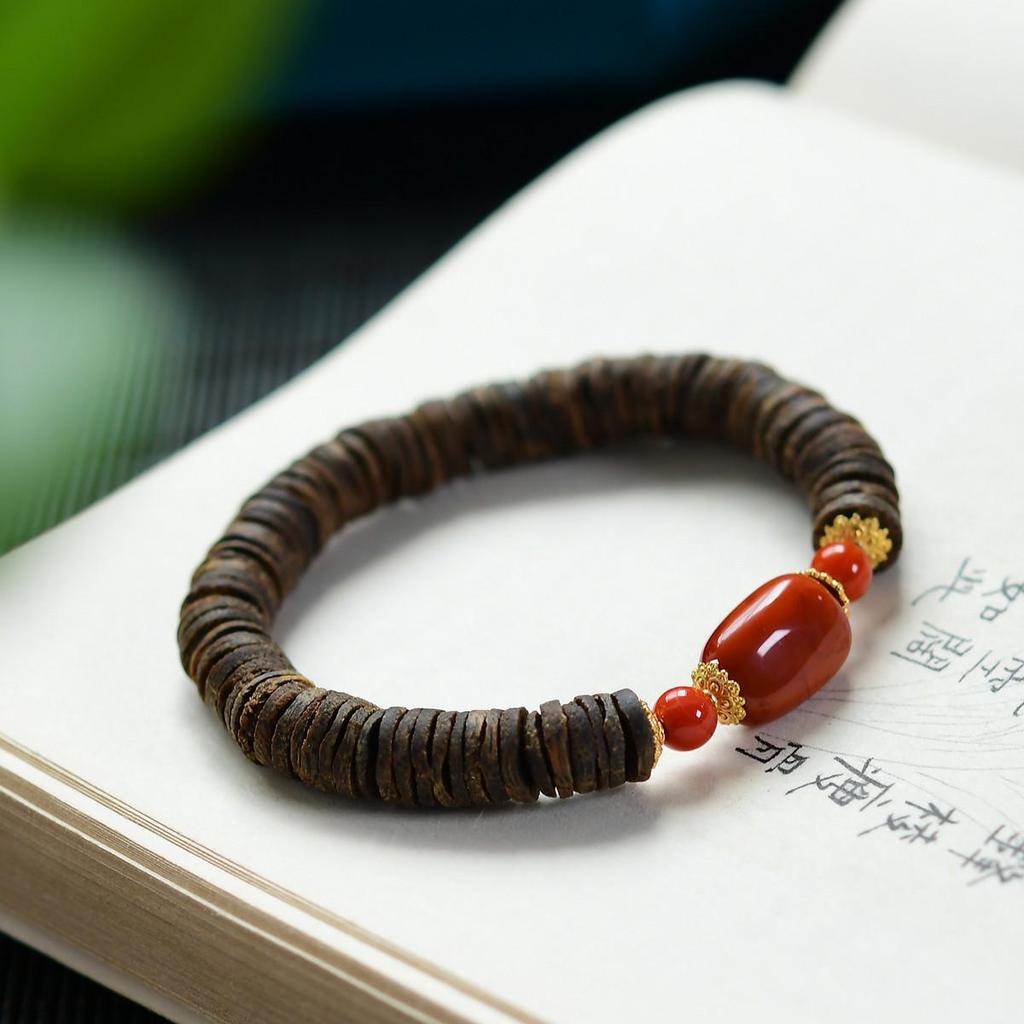Oriole Song Agarwood & Nan Hong Agate Bracelet with 925 Silver Beads (No Oil Injection)