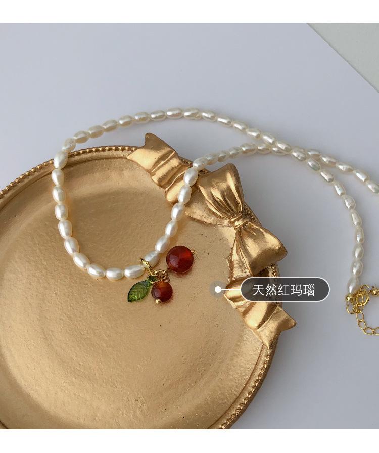 Vintage Natural Pearl Cherry Necklace Neck Chain Girl Mori Necklace New Women's Niche Design Sense Collarbone Chain Women