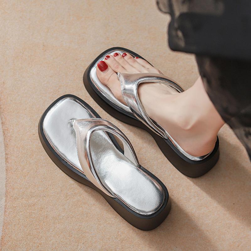 Fashion  Designer Silver Leather Platform Slippers Women Thick Heel Flip Flops Female Muffins Summer Shoes Woman Thong Sandalias