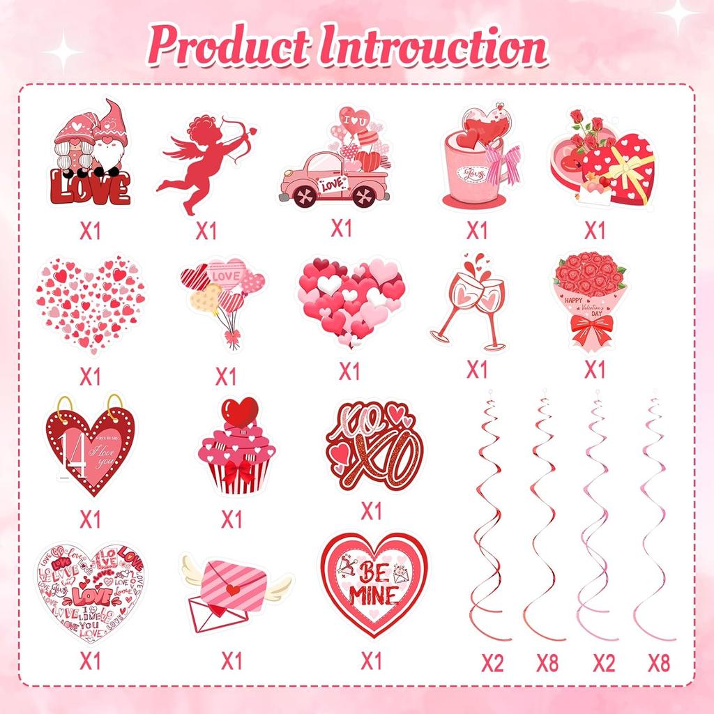 36 Pcs Valentine's Day Hanging Swirl Decorations Set,Happy Valentines Day Party Hanging Love Heart Foil Ceiling Swirl Decorations for Wedding