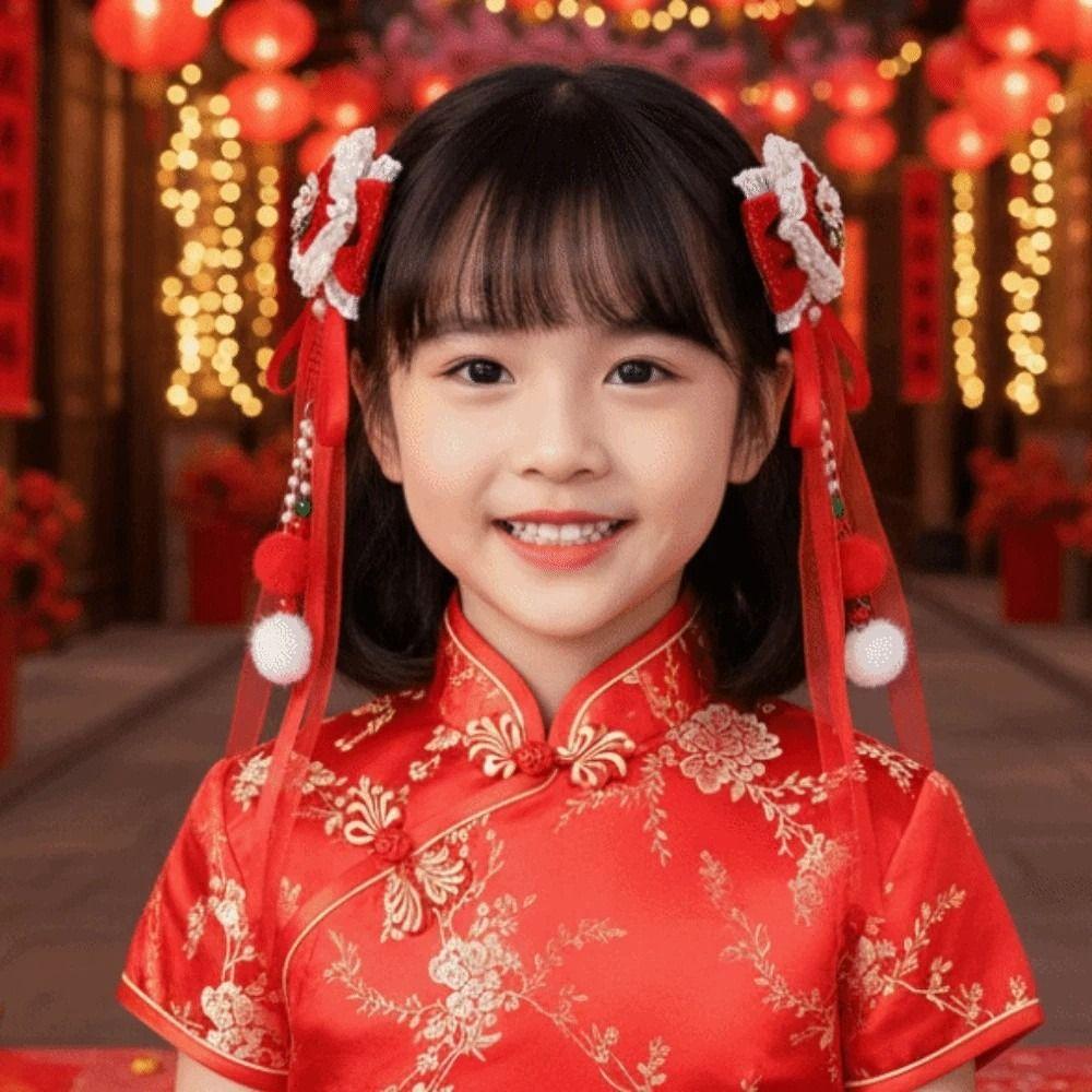 2pcs Bow New Year Ribbon Barrettes Lion Embroidered Bow Headwear Ancient Style Hair Clip  Winter