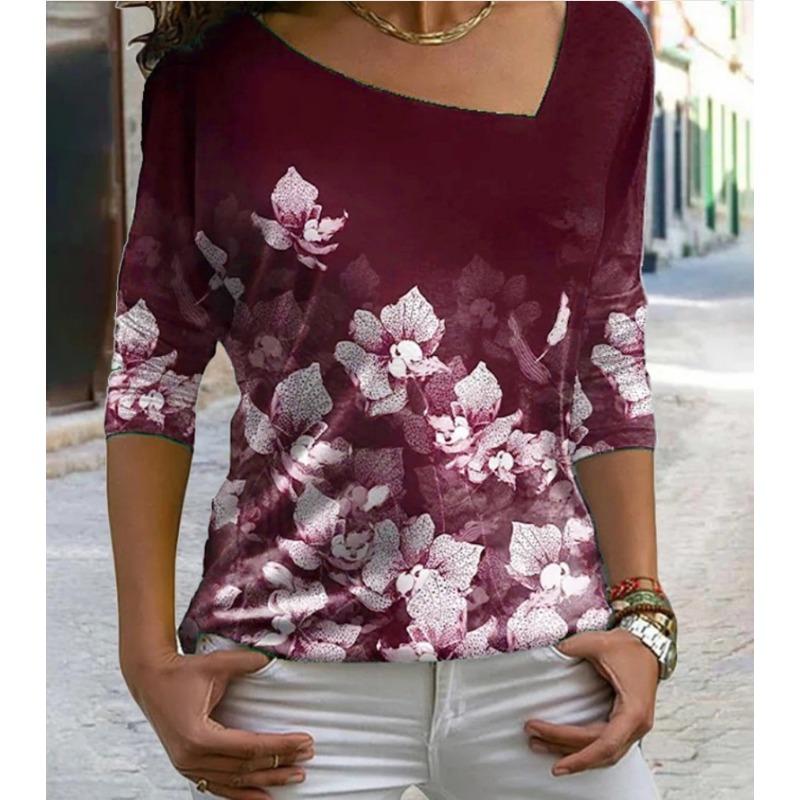 Autumn Women T Shirts Flower 3D Printing Long Sleeve Fashion Loose Irregular Diagonal Collar Ladies Clothes Harajuku Shirt Top