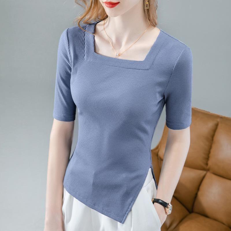 

Temperament Spring/Summer Women s Solid Square Collar Irregular Split Patchwork Fashion Versatile Slim Half Sleeve T-Shirts Top S синій