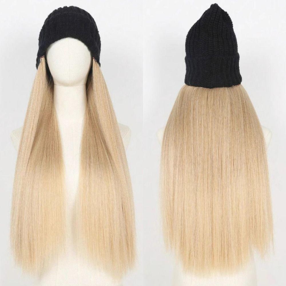 Winter Cap Beanies Hat with Hair Wigs One-piece Long Straight Hair Ski Knitted Hat Wig  Girls