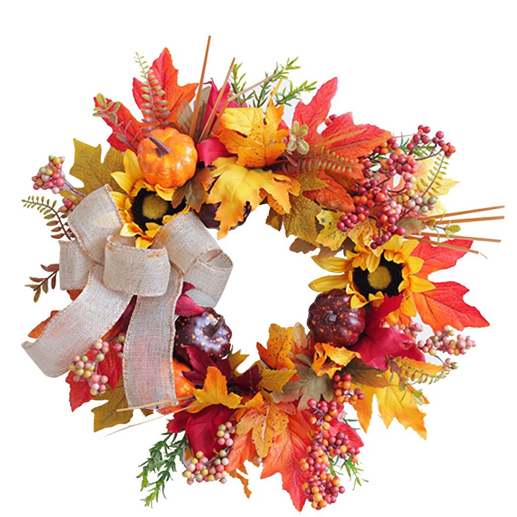 Sunflower Artificial Wreath With Bow For Fall Thanksgiving Door And Home Décor