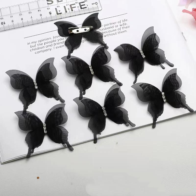 6 Colors 3D Tulle Butterfly Brooch Pins 10Pcs Rhinestone Organza Lapel Pins for Women Fashion Daily Wear Accessory