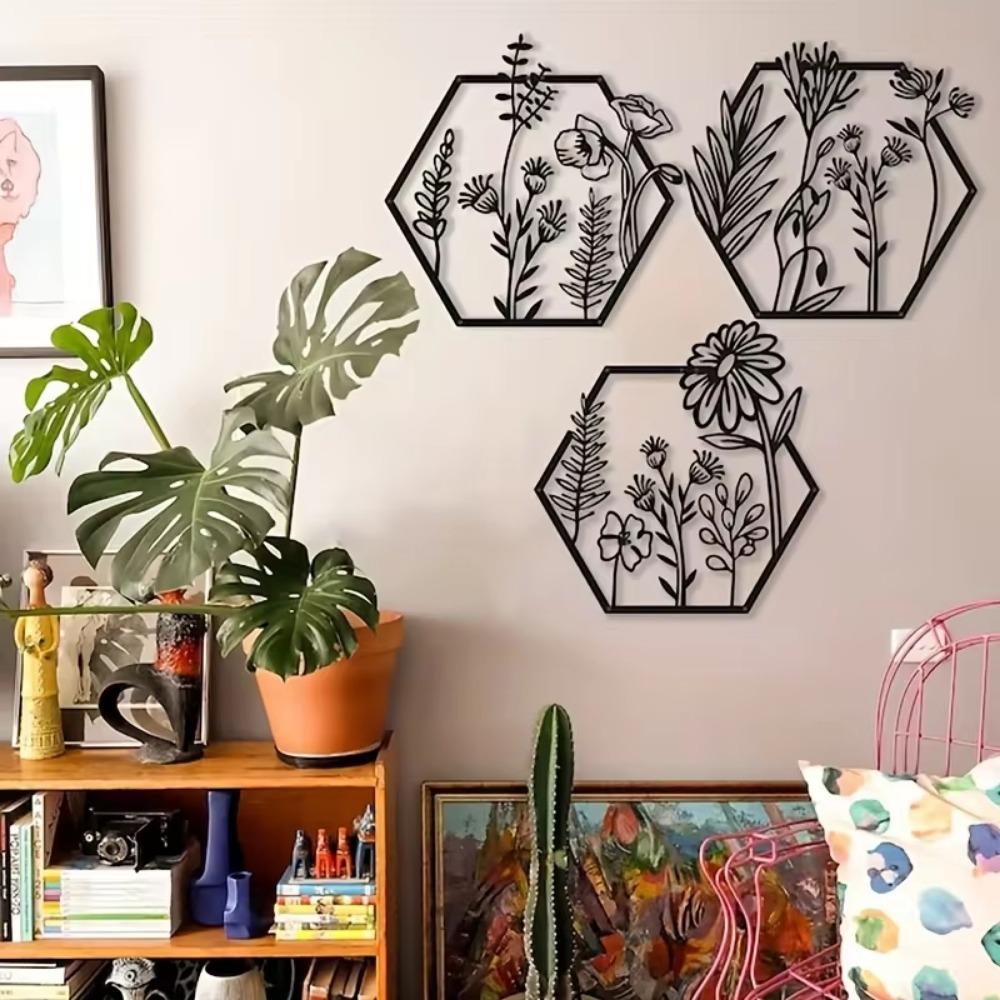 3-teiliges Wandbild mit Metallblumen – schöne Blumendekoration für Zuhause, bezaubernder Wandaufkleber mit Metallblumen