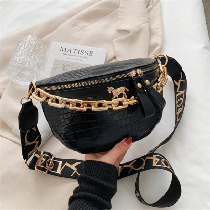 Trendy PU Chest Bag Stylish Single Shoulder Saddle Bag with Crocodile Pattern Chain Wide Belt Crossbody Bags for Women Daily Use