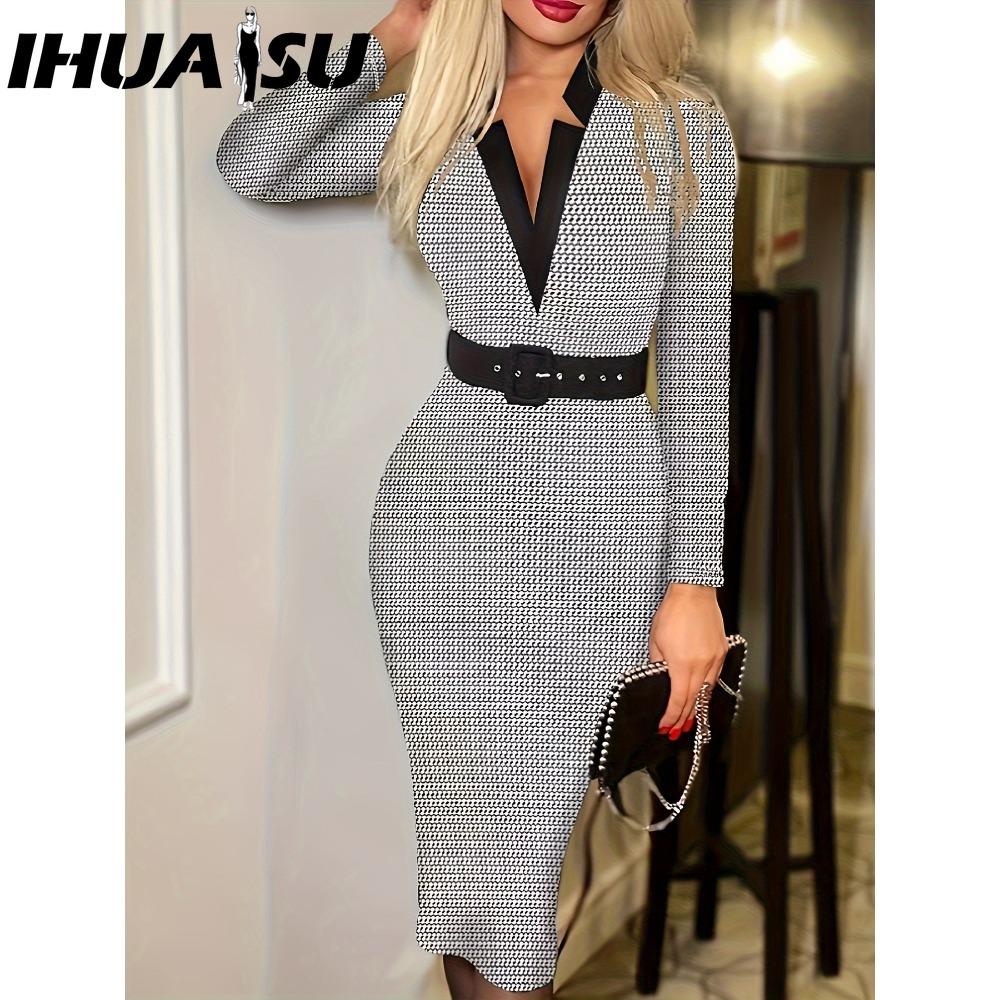 

IHUASU Женская мода весенне-осенние повседневные платья с длинным рукавом и v-образным вырезом с высокой талией XXL