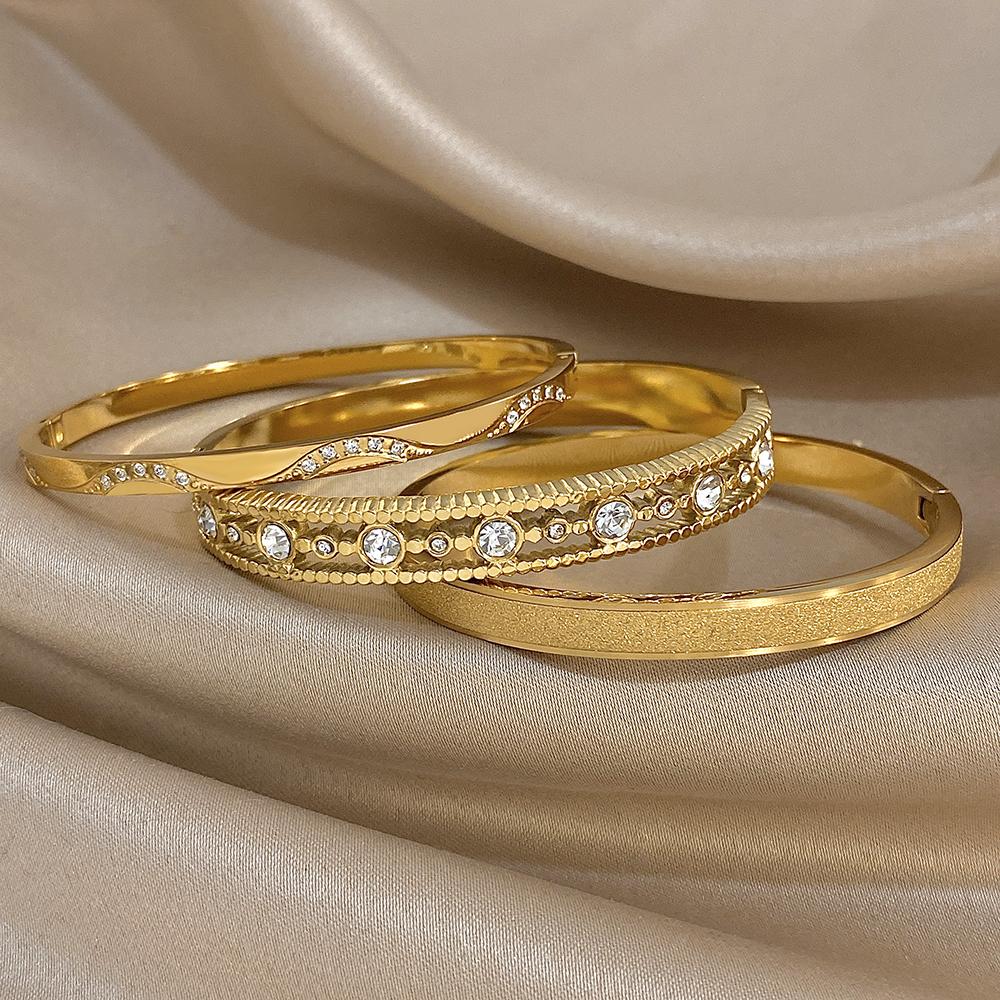 Exquisite Inlaid Zircon Cuff Bracelet Bangle New Gold Plated Women's Men Geometric Stackable Waterproof Charms Jewelry Gifts