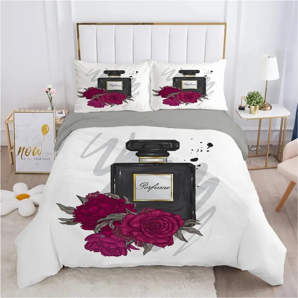 Perfume Floral Duvet Cover Set Pink Makeup Bedding Set with Pillowcase,Girls Women Romantic Fashion Gifts Comforter Cover Set