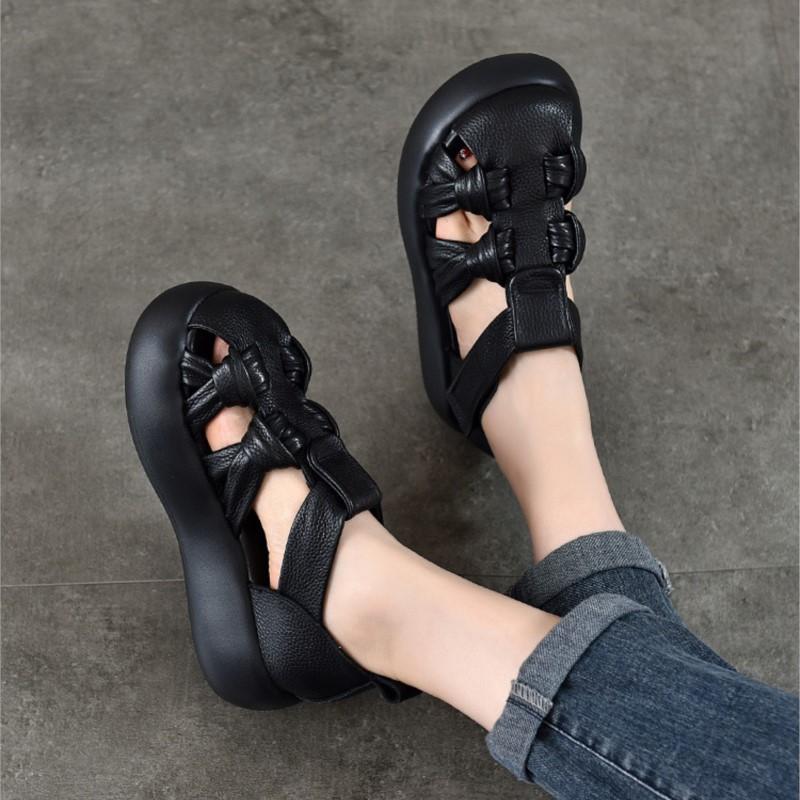 Johnature Genuine Leather Retro Hand Woven Hollow-out Sandals Soft Soled Women's Flat Platform Shoes