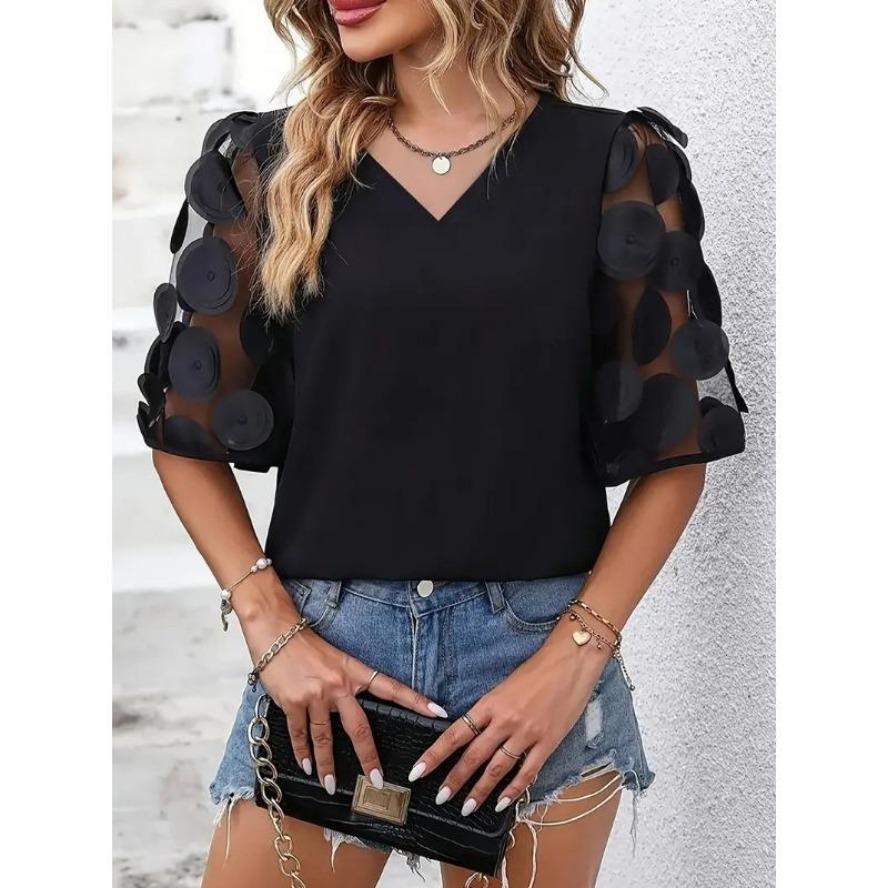

YYFS женские модные повседневные летние весенние однотонные блузки и рубашки с короткими рукавами и v-образным вырезом с принтом XXL чёрный