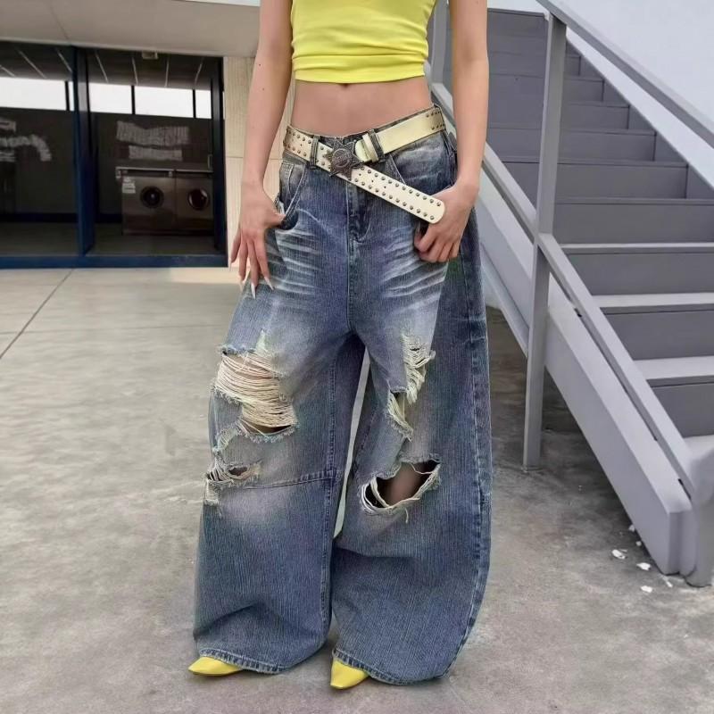 High-Waisted Wide Leg Distressed Denim Pants Men Women Streetwear Loose Fit Jeans